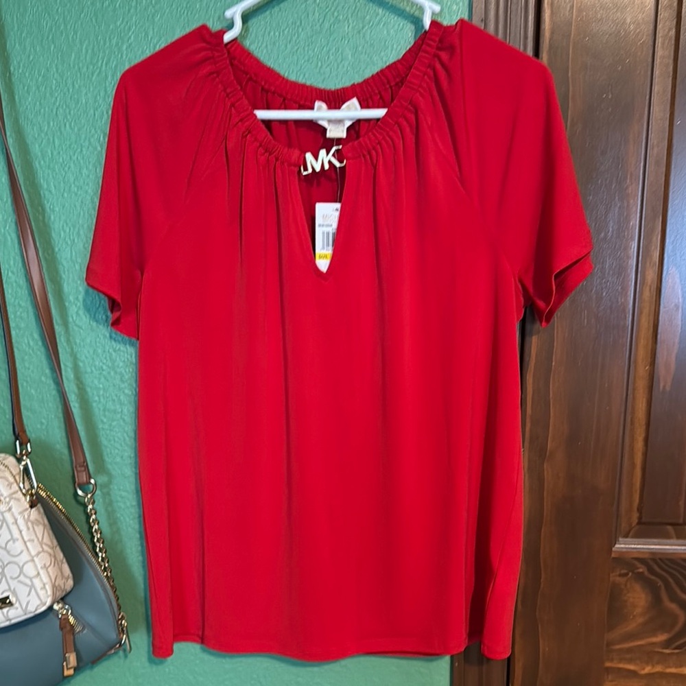 Michael Kors Red Ruched Short Sleeve Blouse